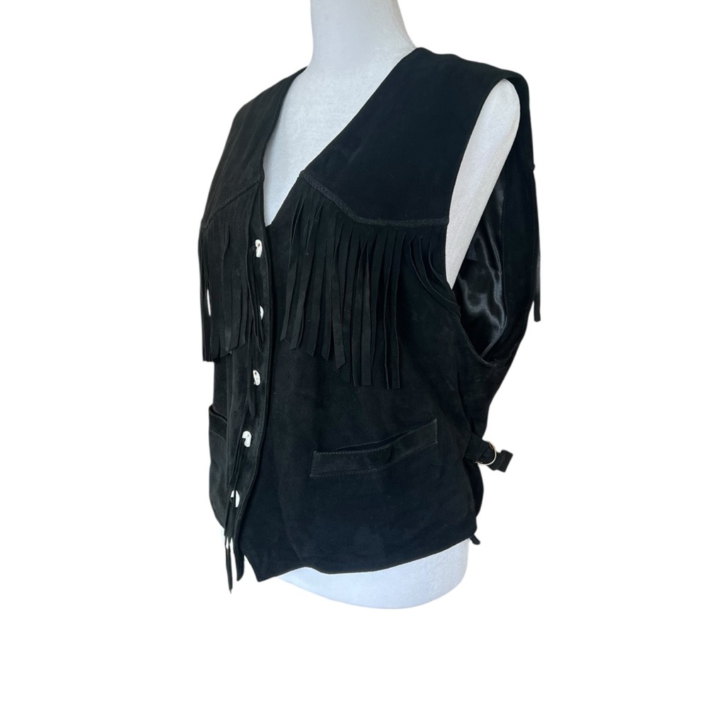 Vintage Black Suede Fringe Vest Western Boho Leather Festival Cowgirl M